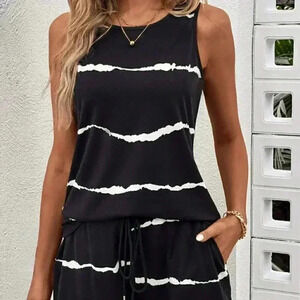 Black and White Casual Women's Printed Sleeveless Top And Shorts Set
